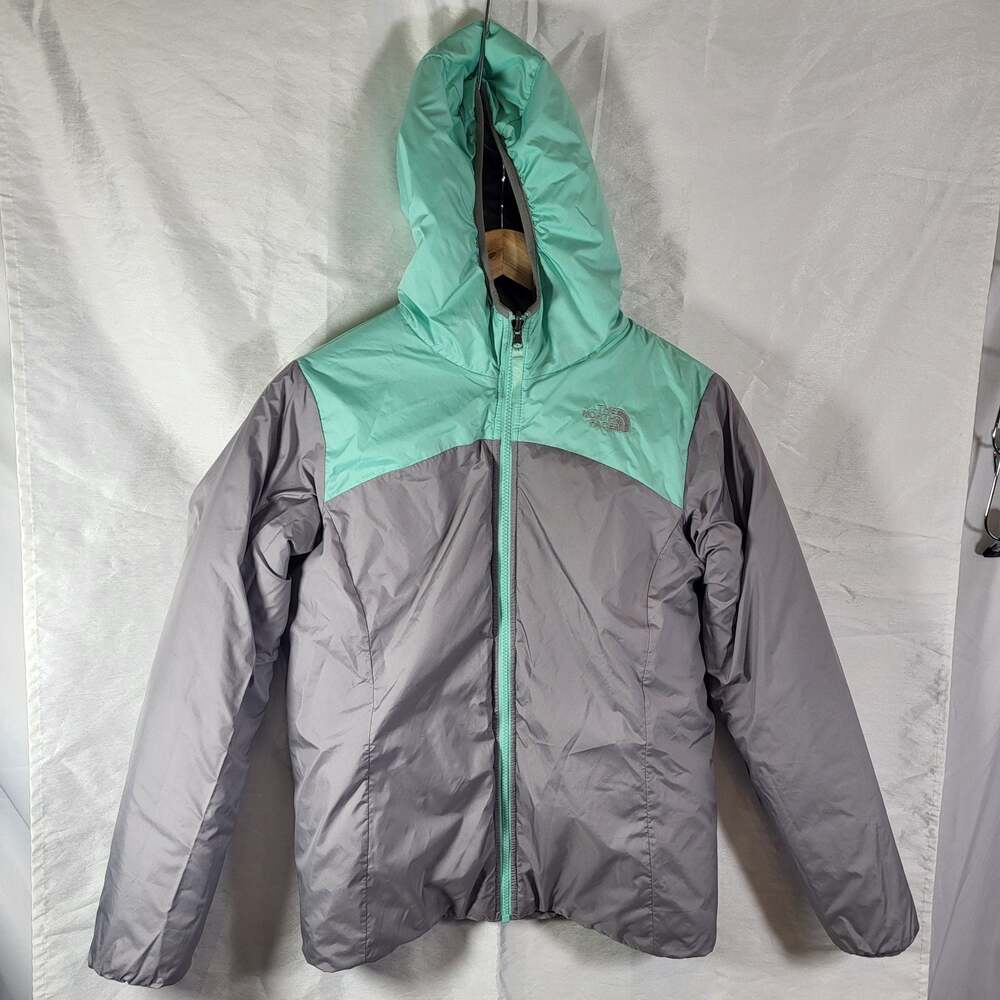 The North Face Girls Reversible Perseus Hooded Jacket Surf Green and Gray, XL (1